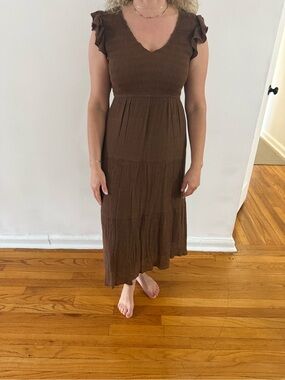 Brown V-Neck Ruffle Sleeve Maxi Dress